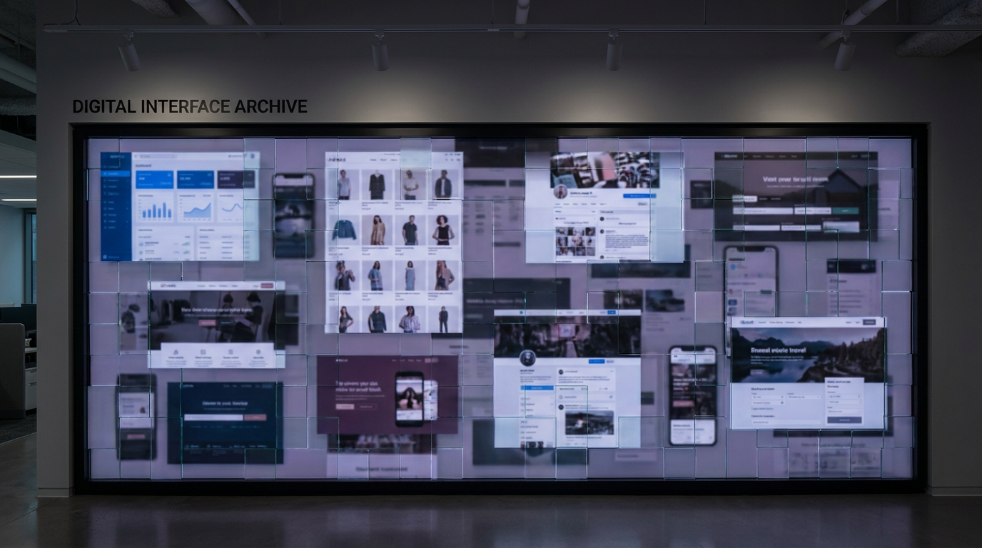 A modern mosaic collage of various website interfaces arranged in a seamless grid pattern, slightly overlapping with soft depth. Each screen shows dif